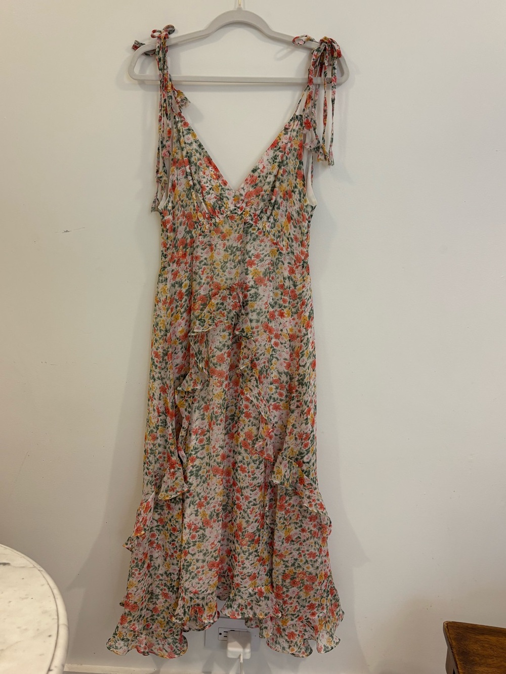 Storia Floral Tie Strap Ruffle Midi Dress